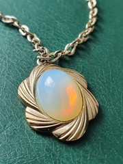 Vintage Jewelry, Cream Stone Pendant with Chain, Antique Jewelry, Made in USSR