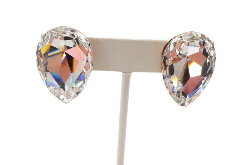 Vintage Clip On Earrings Silver Tone Rhinestone Chunky