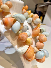 Vtg 80s Chunky Sea Shell Necklace Pastel Blue Peach Coastal Grandma Miami Vice