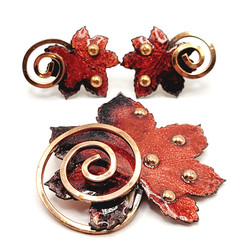 Vintage Matisse Leaf Brooch and Clip On Earrings Copper Enamel Vintage 1950s Set