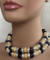 CADORO Buttermilk Bakelite Necklace Chunky Modernist Style Metal Wood Beads 40”