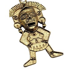 Hobe Statement Pendant Necklace Mayan Inspired 20″ Gold Tone Chain Vintage