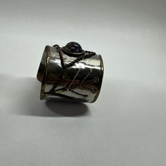 Vintage Mixed Metals Brutalist 7″ Cuff Bracelet Blue Swirl Glass Stone