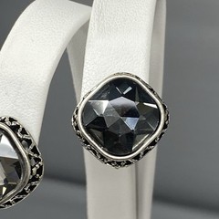 Smoky Gray Glass Rhinestone Stud Earrings Clip On Silver Tone Geometric Edge .75