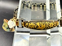 Vintage Damascene, Faux Opal Charms & Book Chain Links Bracelet Integrated w New