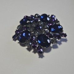 Dark Silver Tone Purple Blue Gray Rhinestone Brooch