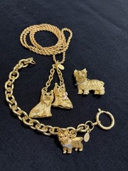 Vintage RARE Signed JOAN RIVERS Yorkie Dog Necklace, Bracelet, and Brooch Set