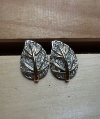 Vintage 1960s Gold & Silver Tone Clear Crystal Pave Leaf Postback Earrings