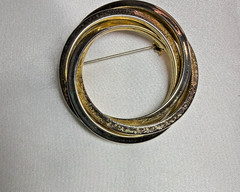 Vintage Interlocking Double Circle Brooch Gold Tone Textured Geometric Pin 4.5cm