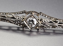 Art Deco Platinum & Gold Mixed .40ct Diamond Solitaire Brooch Bar Pin SI2 F/G