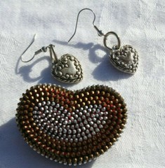 Silver Tone Puffy Hearts Pierced Earrings Studded Heart Brooch Vtg