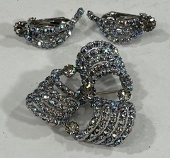 Aurora Borealis Ribbon Rhinestone Brooch Clip Earrings Set Unsigned Silver Tone