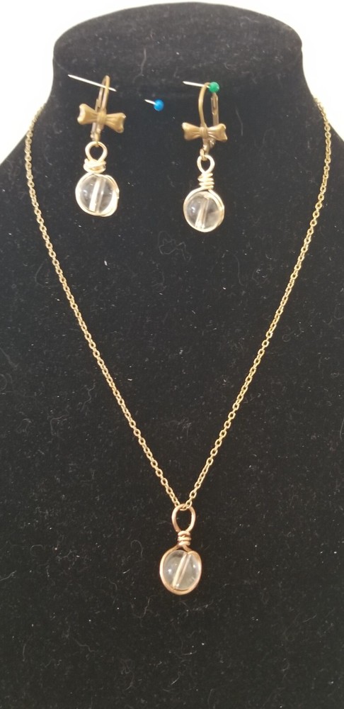 Vintage Elements 8mm Rock Quartz Victorian Necklace, Vtg. leverback earring set