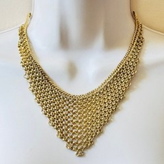 Chainmail Rolo Chain Bib Necklace VTG Statement Collar Gold Mesh Waterfall 18″
