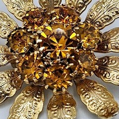 Flower Brooch Honey Rhinestone Filigree Leaves Floral Statement Vintage Pin
