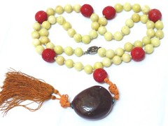 CHINESE VINTAGE CINNABAR JADE BEAD NECKLACE CARVED AMBER PENDANT, Silver Clasp
