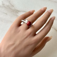 Red Index Finger Modernist Ring Square Geometric SZ 9 Signed Sterling Silver 925
