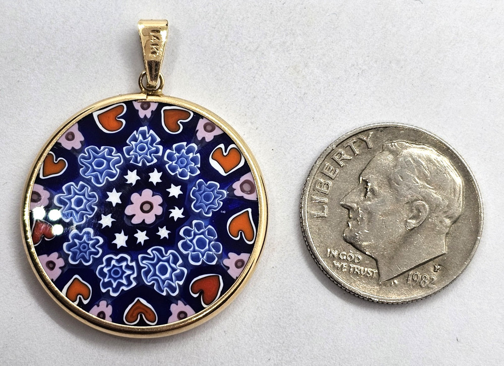 Beautiful Vintage 14K Gold and Murano Floral Millefiori Glass Pendant 24mm 3.2 g