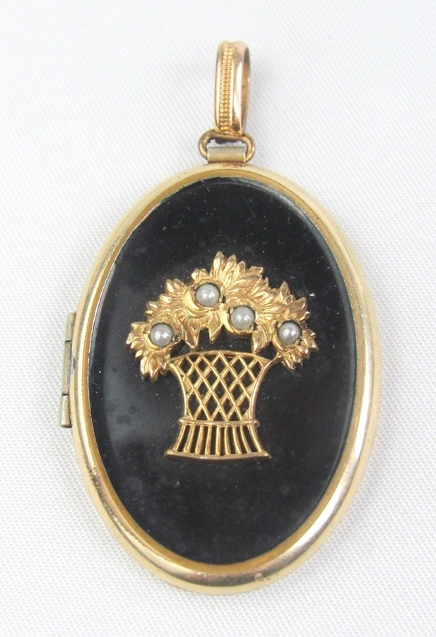 Antique BB Yellow Gold Filled Black Enamel Seed Pearl Flower Basket Locket