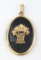 Antique BB Yellow Gold Filled Black Enamel Seed Pearl Flower Basket Locket