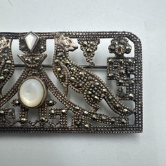Rare Antique Art Deco Sterling Silver Marcasite MOP Cats Brooch 2.5in 13.8g