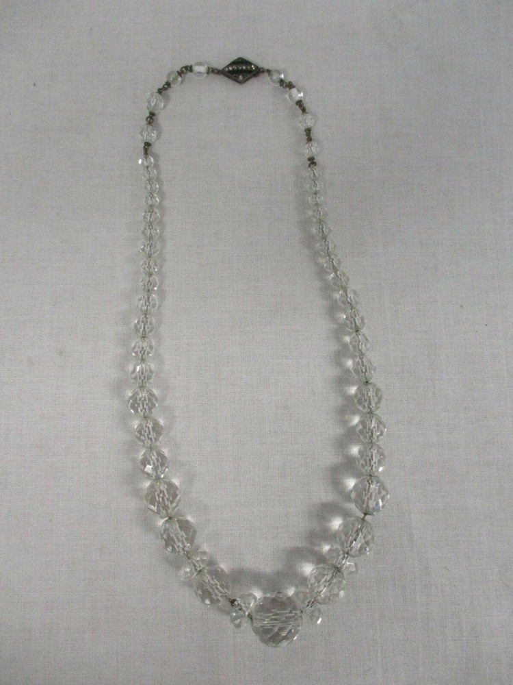 VINTAGE GERMAN ART DECO FACETED CRYSTAL BEAD NECKLACE WITH 935 SILVER CLASP