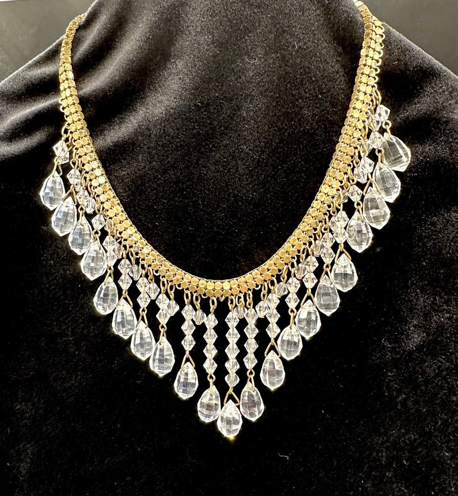 VTG Early Miriam Haskell Faceted Crystal Drop Bib Necklace Hexagon Brass Link