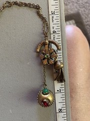 RARE Antique Brass CZECH Unique Necklace Tassel Stone Chatelaine Pulley Fob