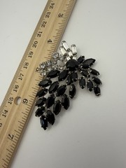 Vintage Jet Black Navettes Floral Spray Rhinestone Accent Silver Tone Brooch