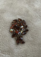 Vintage Brooch Amber Tones Navette AB Rhinestone Pin Layered Leaf Design 2.5 in.