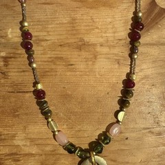 Boho Vintage Beaded Necklace Rose Quartz Tiger Eye Glass Brass Pendant Handmade