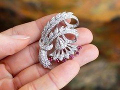 Vintage 4.65Ct Diamond and 0.24Ct Ruby Platinum Floral Brooch Circa 1950