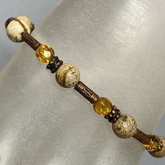 Stone Bracelet Brown Speckled Gemstone Glass Beads Bali Tubes Toggle Vtg 7″
