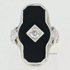 Art Deco Black Onyx & Mine Cut Cubic Zirconia 18.26TCW Filigree Milgrain Ring