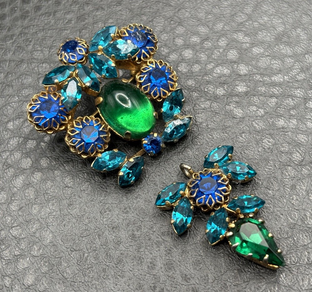 VTG Dog Tooth Prong Blue Green Rhinestone Cupcake Setting Brooch Dangle REPAIR