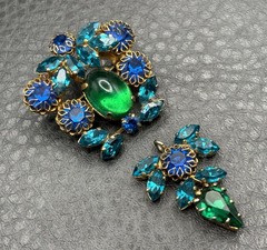 VTG Dog Tooth Prong Blue Green Rhinestone Cupcake Setting Brooch Dangle REPAIR