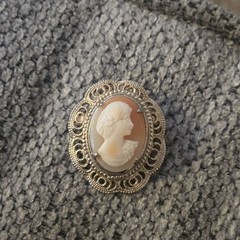 Vintage Cameo Brooch Carved Shell Portrait 1920s Orange White ornate filagree