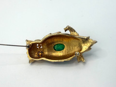 Vintage Florenza Owl Brooch Blue Green Foiled Cabochon Enamel Gold Tone Pin