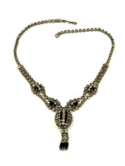 VINTAGE ART DECO CRYSTAL BLACK CLEAR RHINESTONE Y-DROP PENDANT 16″ NECKLACE EUC
