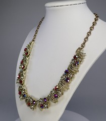 Vintage Coro Necklace AB Red & Clear Rhinestones Gold Tone 17″