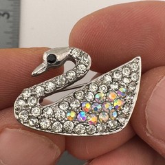 Rhinestone Swan Brooch Silver Tone Clear & Aurora Borealis Crystals Bird Pin
