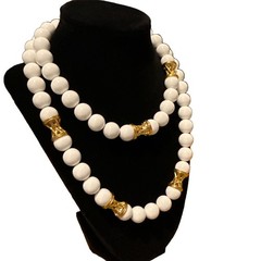 VTG Monet Bead Station Necklace, Chunky White Beads Gold Tone Metal Link 36”