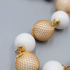Vintage Bead Necklace White Bead Gold tone Wire Caged Beads 22″-24″