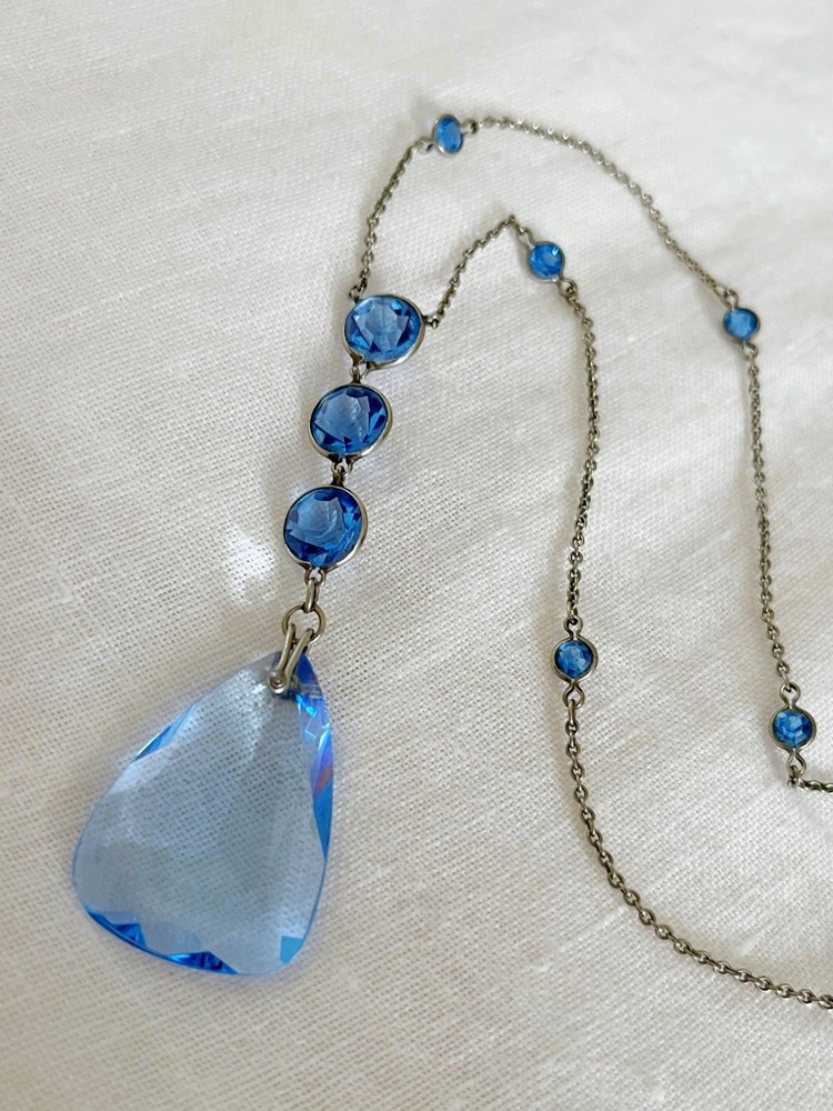 Vintage Art Deco Blue Crystal Lariat Necklace 1920s 1930s Dramatic Drop Y