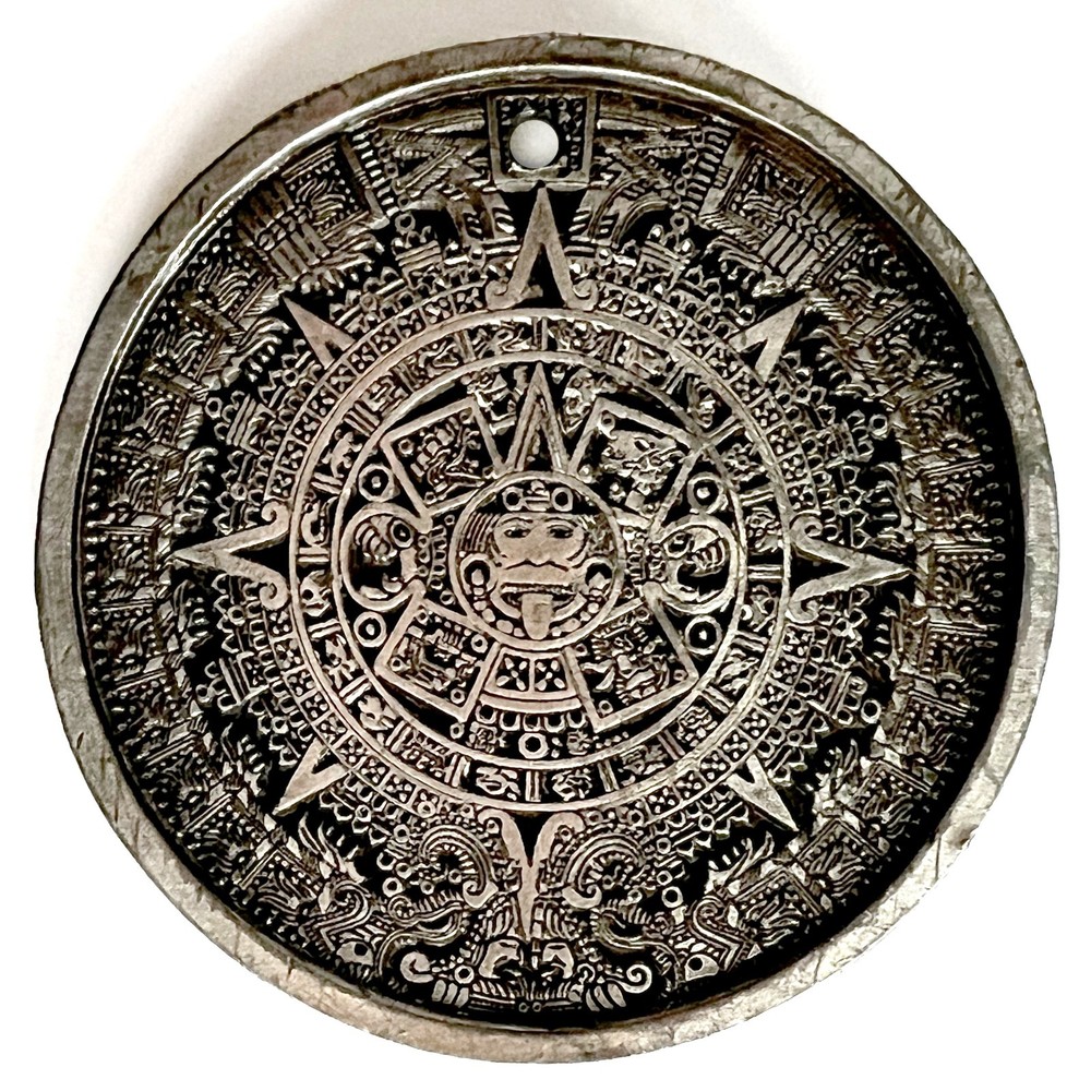 Vtg 1974 Mayan/Aztec Calendar Pendant – Altered Bergamot Brass Belt Buckle -USA