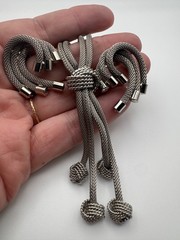 Vintage Mesh Necklace Earring Set Tassel Silver Tone Knot Lariat Clip On