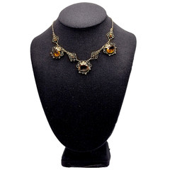 Czech Glass Art Nouveau Deco Flower Motif Brass Festoon Bib Amber Citrine 15 In