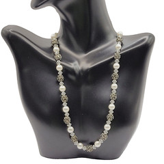 Artisan Made Faux Pearl Crystal Ornate Metal Bead Vintage Necklace 16 Inch
