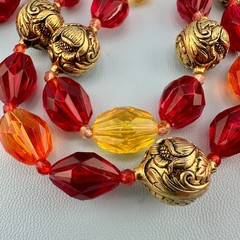 Vintage Lucite Bead Gypsy Necklace Faceted Red Orange Gold Tone Floral 46″ Boho