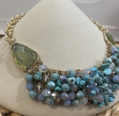 Vintage Turquoise Chip & Glass Statement Necklace Boho Cowgirl 14in ~ 17in